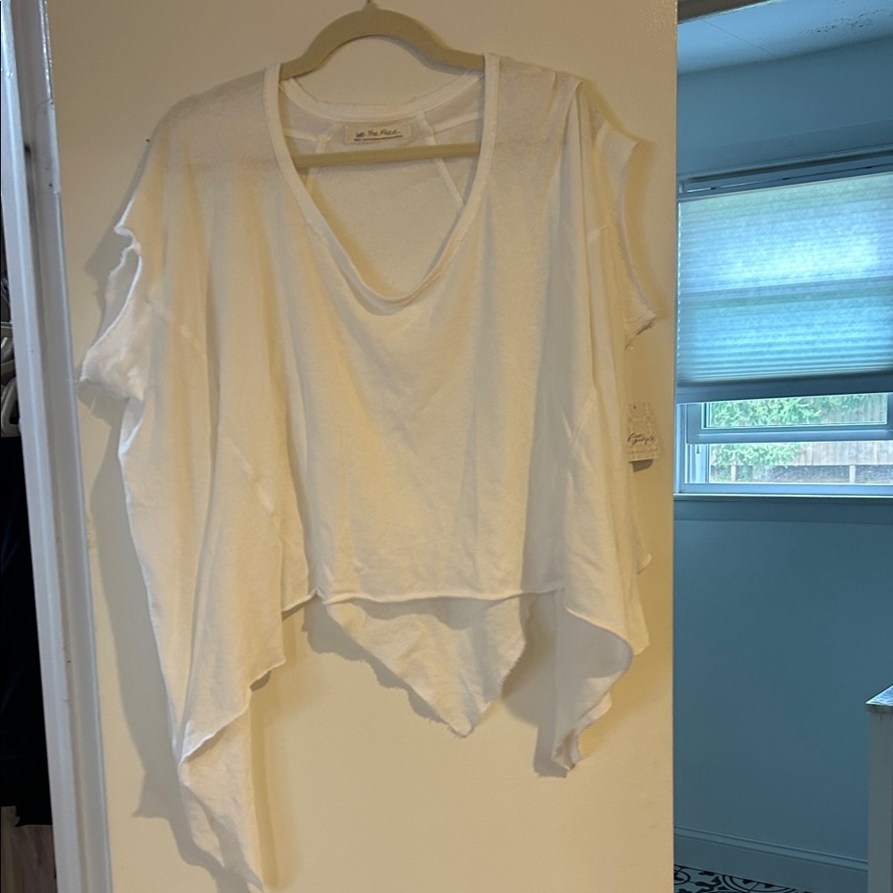 Free People White Asymmetrical Short Sleeve Top